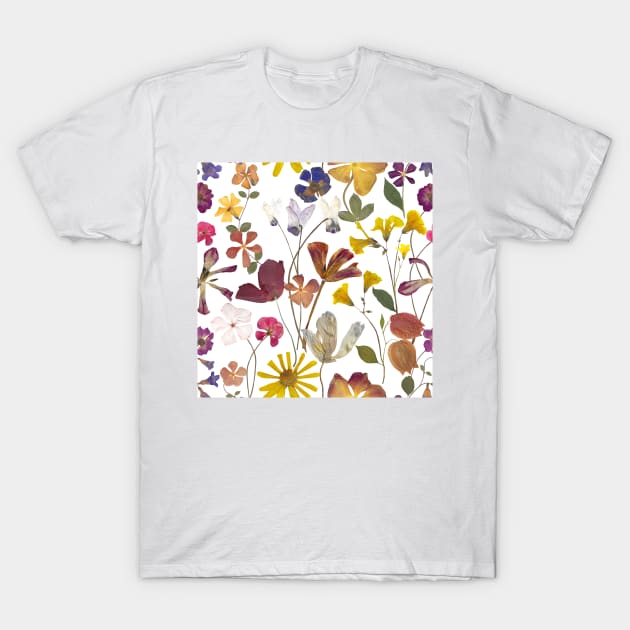 Pressed summer flowers seamless. Dry flowers composition. Romantic Spring blossom. Vibrant botanical print T-Shirt by likapix